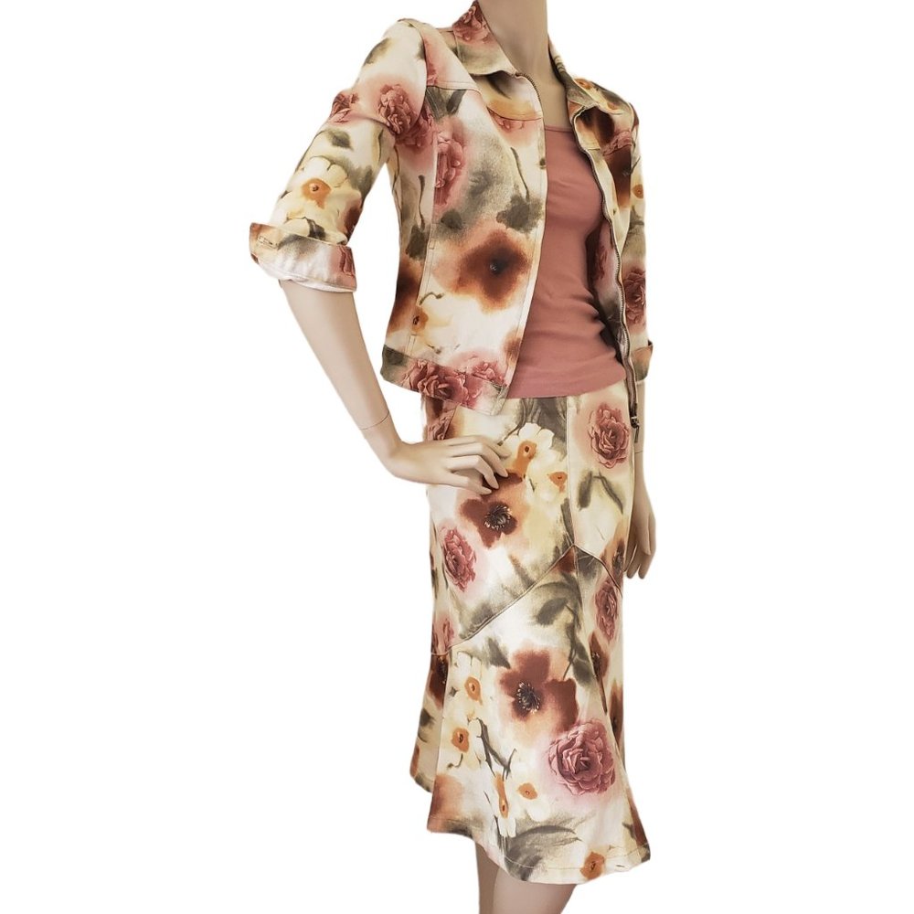 VIKI Printed Floral Denim Jacket Skirt 2pc Set SZ S Beige Tan Multicolor